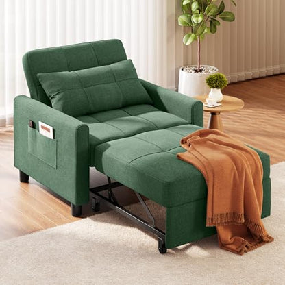 Convertible Sleeper Chair Sofa Bed, 3 in 1 Pull Out Chair, Green | 3 in 1 Chair Bed, Adjustable Backrest, Storage Pocket, Compact Fit for Living Rooms, Apartments, Guest rooms - color: Green
