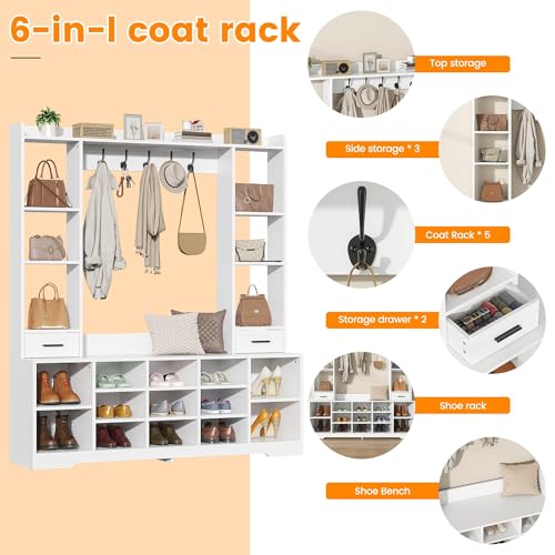 Farmhouse Hall Tree with 2 Independent Drawers,6-in-1 Entryway Bench with Coat Rack Adjustable Shoe Storage for Foyer/Hallway,White - color: White