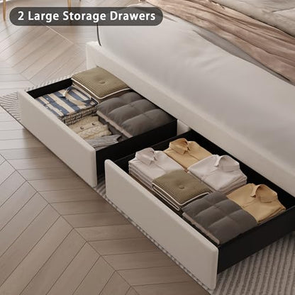 Queen Size Bed Frame with Adjustable Headboard and Storage Drawer, Upholstered Bed Frame Queen with RGB LED Lights and Charging Station, Easy Assembly, No Box Spring Needed, Off White - color: Off White, size: Queen