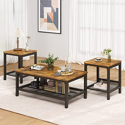 3 Pieces Living Room Table Set, Industrial Coffee Table with 2 Square End Side Tables, Coffee Table Set with Metal Frame for Apartment Home Office, Rustic Brown - color: Rustic Brown