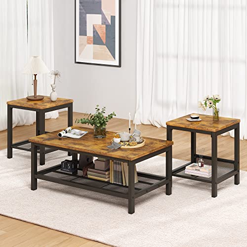 3 Pieces Living Room Table Set, Industrial Coffee Table with 2 Square End Side Tables, Coffee Table Set with Metal Frame for Apartment Home Office, Rustic Brown - color: Rustic Brown