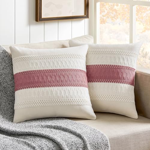 2 Pack Boho Throw Pillow Covers, Contrast Dusty Pink 16x16in | Soft Breathable Cotton, Farmhouse Decorative Couch Pillow Cases, Cushion Covers for Sofa Bed Living Room Home Decor - color: Contrast/Dusty Pink, size: 16" x 16" (Pack of 2)