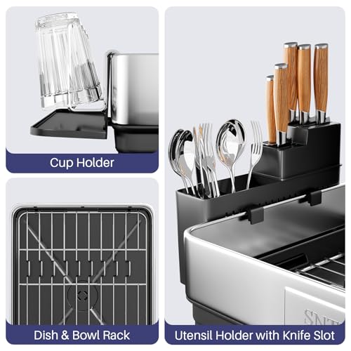 SNTD 304 Stainless Steel Dish Drying Rack for Small Kitchen Counter, Black | Rustproof, Large Capacity, Heavy-Duty Frame, Rotating Spout, Angled Drainboard, Removable Cup & Utensil Holder - color: Black