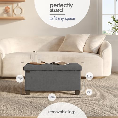 Storage Ottoman Bench with Bins, 30-in Storage Bench for Bedroom End of Bed, Folding Foot Rest Ottoman for Living Room Max 660lbs, Fabric Ottomans, Grey