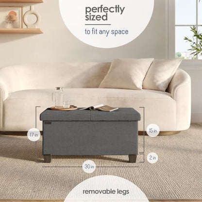 Storage Ottoman Bench with Bins, 30-in Storage Bench for Bedroom End of Bed, Folding Foot Rest Ottoman for Living Room Max 660lbs, Fabric Ottomans, Grey
