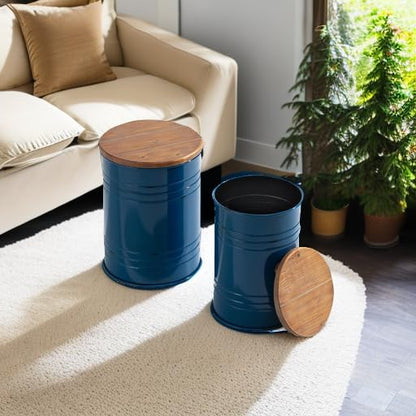 Glitzhome Rustic Storage Ottoman Seat Stool, Farmhouse Nesting End Table, Galvanized Barrel Metal Accent Side Table Toy Box Bin with Round Wood Lid for Living Room, Set of 2, Navy Blue - color: Navy Blue