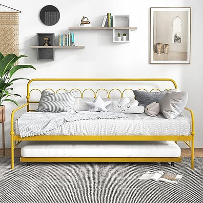 Giantex Twin Daybed with Trundle Gold, Metal Day Bed with Convenient Pull-Out Trundle Bed, Metal Slats, Lockable Universal Wheels, 2-in-1 Daybed Bed Frame for Guest Room, Living Room, Bedroom
