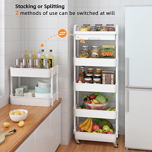Calmootey 5-Tier Rolling Utility Cart with Drawer,Multifunctional Storage Organizer with Plastic Shelf & Metal Wheels,Storage Cart for Kitchen,Bathroom,Living Room,Office,White | Space-Saving Organizer, Sturdy Plastic Shelves, Smooth-Rolling Metal Wheels,