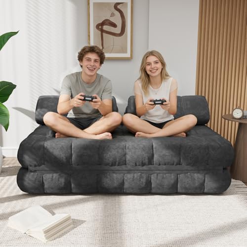 59.1" 3-in-1 Convertible Sofa Bed with Pillows - Grey, Full | Folding Loveseat Sleeper Chair, Portable Fold Out Boneless Couch Lounge, Comfy Velvet Floor Mattress for Living Room Bedroom - color: Grey, size: Full