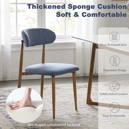 FREKEN Modern Upholstered Dining Chairs Set of 2, Mid-Century Metal Frame with Wood Grain, Linen Fabric Side Chair for Kitchen Dining Room, 350lbs Capacity, Blue - color: Blue - Wood Grain Legs, size: Set of 2