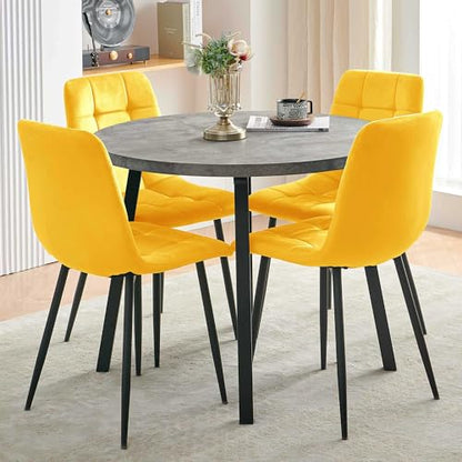 Homedot Modern Kitchen Table Set with 4 Chairs, Grey Faux Wood Table with Hooks, Upholstered Velvet Yellow Dining Chairs for Restaurant, Dining Room - color: Yellow, size: 1* Grey Round Table+4*Chair