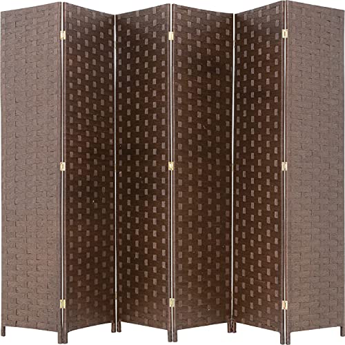 6-Panel Room Divider Folding Screen Wooden Partition, 6 ft. Tall Weave Fiber Extra Wide Foldable Panels Wall Divider Double Hinged Privacy Indoor Divider for Home Office Dorm Decor - Brown - color: Brown, size: 6 panel