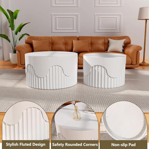 Round Nesting Coffee Table Set of 2 Modern Fluted Coffee Table | Non-Slip Pads, Stackable End Tables for Living Room, No Assembly Required, Space Saving Accent Tables for Small Spaces - color: White 26.77"dx15.35"h