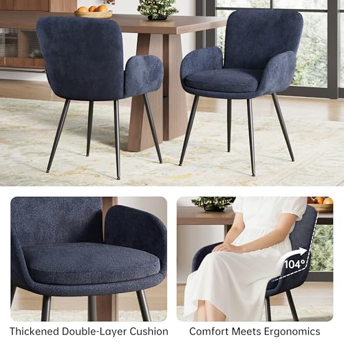 VKNOW Modern Upholstered Dining Chairs Set of 2 with Armrest, Navy | Armed Dining Room Chairs with Metal Legs, Kitchen Chairs for Restaurant Kitchen Living Room - color: Navy Blue, size: Set of 2