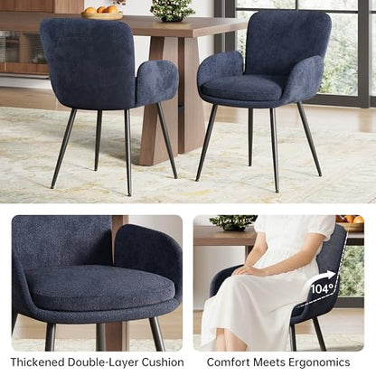 VKNOW Modern Upholstered Dining Chairs Set of 2 with Armrest, Navy | Armed Dining Room Chairs with Metal Legs, Kitchen Chairs for Restaurant Kitchen Living Room - color: Navy Blue, size: Set of 2