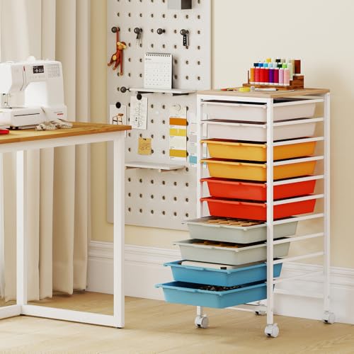 RELAX4LIFE 10-Drawer Rolling Storage Cart - Mobile Art Supply Craft Organizer on Wheels w/Wooden Tabletop & Metal Frame, Utility Storage Cart for Home Living Room Office Classroom (Macaron, 33.5”H) - color: Macaron, size: 33.5”H