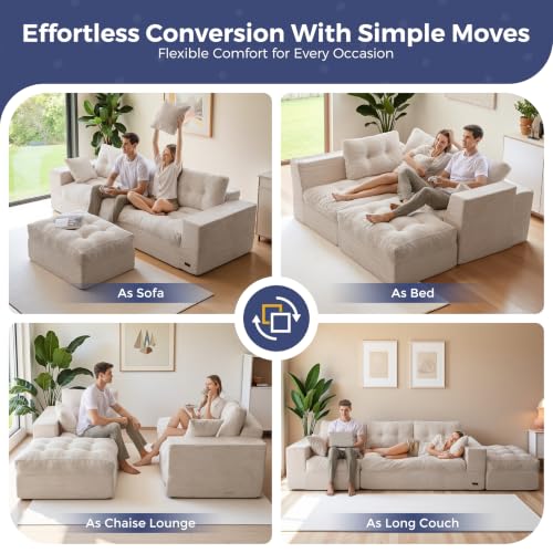 MAXYOYO Boneless Couch, 96-Inch L-Shaped Cloud Couch with Ottoman | Beige Layered Cushioning and Flexible Modules Create an Upholstered Sofa in a Box with No Assembly for Spacious Living Rooms. - color: Beige, size: 96" L Shape