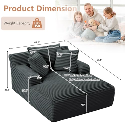 49.2" Oversized Chaise Lounge Chair, Deep Seat Upholstered Cozy Cloud Couch, Modern Corduroy Floor Sleeper Sofa Bed, Reading Chair for Living Room, Bedroom, Apartment, Office, Indoor, Dark Grey - color: Dark Gray, size: 49.2"