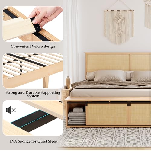GarveeHome Natural Rattan Full Size Bed Frame with Storage Cabinets | Cabinet with Sliding Barn Door, LED Light Headboard, Solid Wood Legs Support, No Box Spring Needed - size: Full