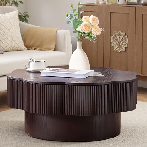 Modern Pedestal Coffee Table with Storage, Plum Blossom Floral Shaped Tea Table with Wood Veneer for Living Room, Apartment, Office - color: 31.50" Floral-brown