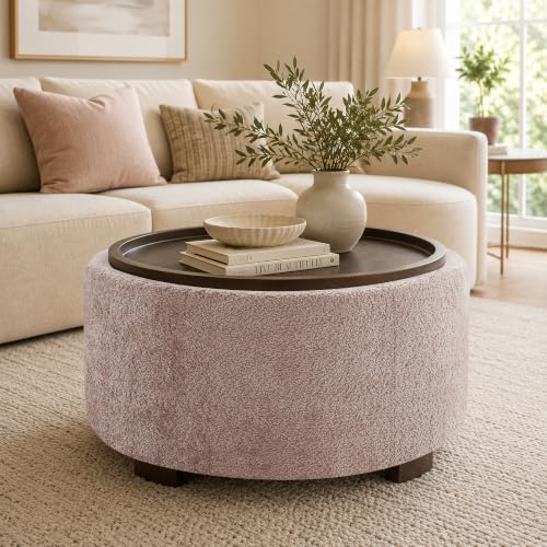 Zihanhome 30" Round Chenille Storage Ottoman Coffee Table with Removable Tray Top, Large Hidden Storage Ottoman, Solid Wood Legs for Living Room, Bedroom, Apartment (Pink) - color: Pink