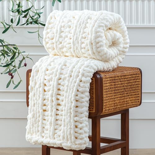 WESHIONGOO Chunky Knit Blanket Throw for Couch Bed 40"×60" Cream White | 100% Handmade Knitted Throw blanket Fluffy Soft Blanket With Jumbo Chenille Yarn Thick - color: Cream White, size: 40"x60"(Medium Size Throw)
