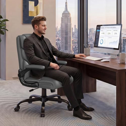 Office Chair, Executive Mid-Back Computer Desk Chair with Flip-up Armrests | 300 Lbs Ergonomic Leather Swivel PC Chair with Rock Function for Working Studying (Gray) - color: Grey