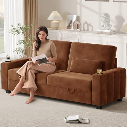 COPIAE Loveseat Sofa, Larger Couch Velvet Fabric with Storage, Charging Ports, Heightened Backrests, Removable Cover Modern Comfy Couches Easy Assembly for Living Room, 88 Inch Brown - color: Brown