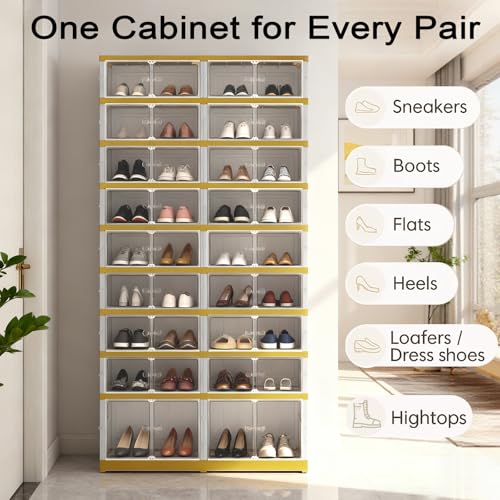 SYNCVIBE Foldable Shoe Organizer, 9 Tier, 36 Pairs, 34.2" Wide, White Gold | Foldable Shoe Rack, Collapsible Shoe Cabinet with Doors, Stackable Shoe Shelves for Closet, Entryway and Living Room - size: 9 Tiers -36 Pairs White Gold