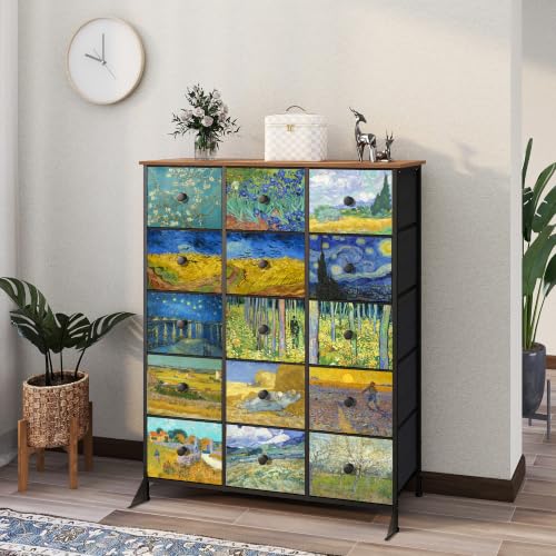 EXOTICA Large Chest of Drawers 15 Drawer Dresser Van Gogh Tall Fabric Dresser for Bedroom Living Room Entryway Closet with Sturdy Metal Frame and Wooden Top - size: Large 15 Drawers