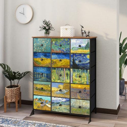 EXOTICA Large Chest of Drawers 15 Drawer Dresser Van Gogh Tall Fabric Dresser for Bedroom Living Room Entryway Closet with Sturdy Metal Frame and Wooden Top - size: Large 15 Drawers