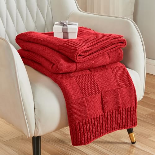 CozeCube Christmas Red Knitted Checkered Throw Blanket 50"X60" | Check Knit Throw for Couch, Decorative Christmas Soft Cozy Warm Blanket for Bed Sofa Living Room - color: Christmas Red, size: 50"X60"