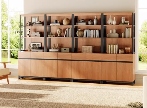 WAMPAT 4 PCS Modern 72" Tall Bookshelf with Metal Base and Adjustable Shelves, Library Bookcase with Storage Cabinet and Open Book Shelfs, Wood Bookshelves for Home Office, Living Room, Mocha - color: Mocha-a, size: 4 PCS