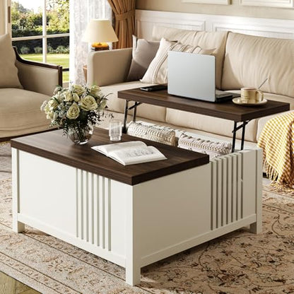knoworld Farmhouse Lift Top Coffee Table with Storage, 35" Square Large Coffee Table with Hidden Compartment, Rustic Wood Center Table for Living Room, White