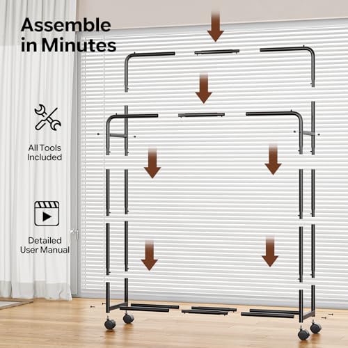Simple Trending Clothing Clothes Rack, Double Rod Garment Rack, Black | Portable Closet with Bottom Shelf, Anti-Slip Stoppers, 360° Lockable Wheels, Multiple Uses, Bedroom, Laundry Room - color: Black
