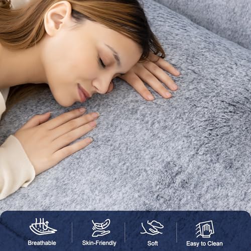 61" Boneless Loveseat Sleeper, Folding Sofa Bed with Faux Fur Cover, L-Grey | Memory Foam Pull Out Futon Bed with Removable Washable Cover, Space-Saving Fold Out Couch for Living Room & Guest Room - color: Light Grey