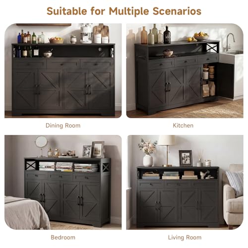 Lahomie 55" Sideboard Buffet Storage Cabinet, Coffee Bar Cabinet,Dark Brown | Coffee Bar Station with Power Outlet, Farmhouse Sideboard with 3 Drawers Adjustable Shelves Open Shelf, Kitchen, Living Room - color: Dark Brown, size: 55"W