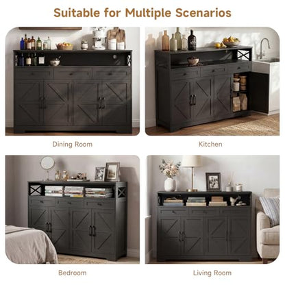 Lahomie 55" Sideboard Buffet Storage Cabinet, Coffee Bar Cabinet,Dark Brown | Coffee Bar Station with Power Outlet, Farmhouse Sideboard with 3 Drawers Adjustable Shelves Open Shelf, Kitchen, Living Room - color: Dark Brown, size: 55"W