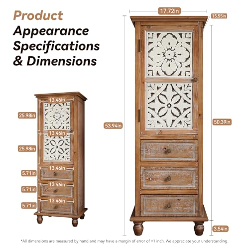 Tall Storage Cabinet with Carved Drawers, Vintage Wood Accent Cabinet, Decorative Narrow Storage Cabinet for Living Room, Entryway, Kitchen, and Hallway with 3 Drawers and 1 Door - color: Tall Narrow Brown