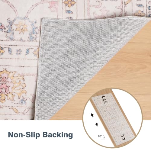 5x7 Washable Area Rug, Low Pile Faux Wool Carpet for Living Room, Bedroom, Dining Room, Vintage Flower Design, Non-Shedding Low-Pile Rug in Beige for High-Traffic Areas with Non-Slip Rubber Back