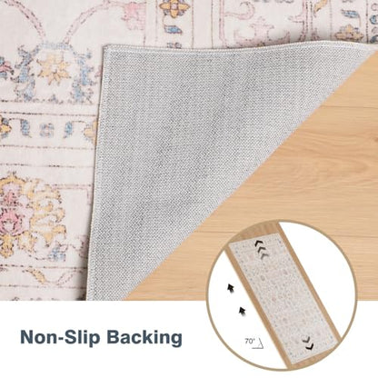 5x7 Washable Area Rug, Low Pile Faux Wool Carpet for Living Room, Bedroom, Dining Room, Vintage Flower Design, Non-Shedding Low-Pile Rug in Beige for High-Traffic Areas with Non-Slip Rubber Back
