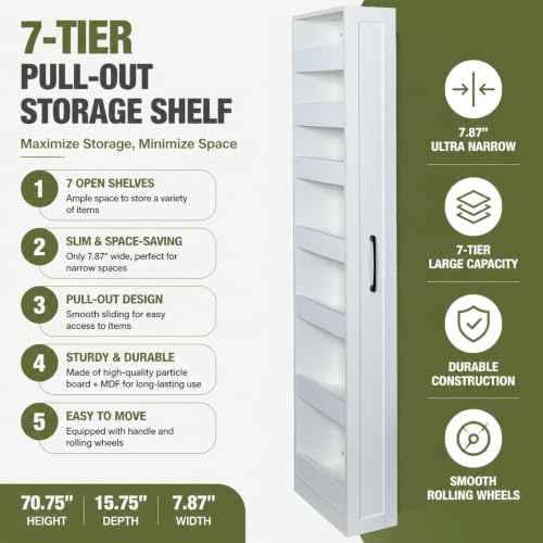 Tall Narrow Storage Cabinet, 71 Inch Tall, 8 Inch Wide, White | 7-Shelf Slim Pull-Out Organizer with Wheels for Small Spaces, Kitchen, Bathroom, Laundry Room and Narrow Gaps - color: D-white