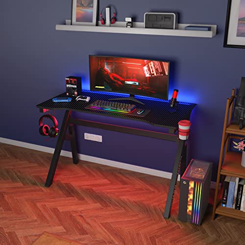 BestOffice | 47" Gaming Table | Red | R-Shaped Computer Desk | with Steel Frame, Headphone Hook, Adjustable Feet | Carbon Fiber Texture| Easy to Clean | for Gaming, Home Office - color: Red, size: 47 Inch R Shaped