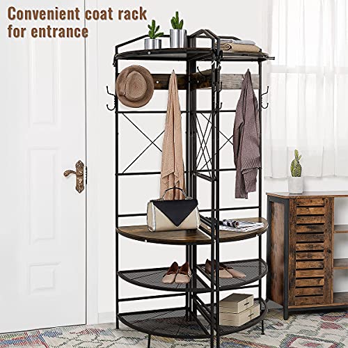 Recaceik Corner Coat Rack, Multifunctional Entryway Corner Shoe Rack with 8 Metal Double Hooks and Storage Shelf, Freestanding Corner Hall Tree Stand Storage for Living Room, Office, Rustic Brown