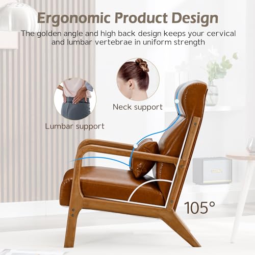 Mid Century Modern Accent Chair with High Back, PU Leather Reading Armchair with Waist Cushion, Upholstered Wood Frame Living Room Chairs for Bedroom Sunroom, Camel - color: Camel