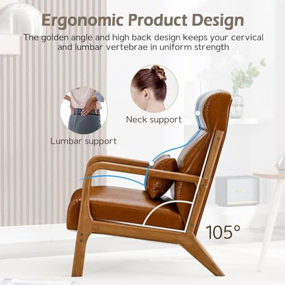 Mid Century Modern Accent Chair with High Back, PU Leather Reading Armchair with Waist Cushion, Upholstered Wood Frame Living Room Chairs for Bedroom Sunroom, Camel - color: Camel