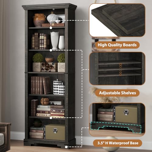 6-Tier Farmhouse Bookshelf, 73 inch Tall Book Shelf with Unique Design & 2 Adjustable Shelves, Wooden Bookshelf for Study Room, Living Room, Kitchen, Bedroom (Black) - color: Black, size: 6-tier