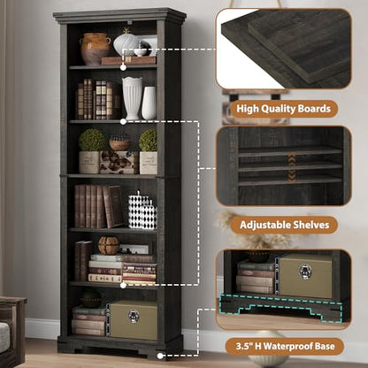 6-Tier Farmhouse Bookshelf, 73 inch Tall Book Shelf with Unique Design & 2 Adjustable Shelves, Wooden Bookshelf for Study Room, Living Room, Kitchen, Bedroom (Black) - color: Black, size: 6-tier