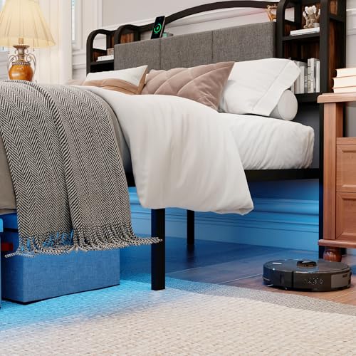 King Size Bed Frame with LED Lights & Charging Station | Upholstered Headboard & Footboard, No Box Spring Needed, Noise-Free Easy Assembly, Large Under Bed Storage - size: King