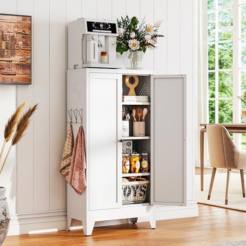 AQY Metal Pantry Cabinet, White Kitchen Storage Cabinet with Doors | Adjustable Shelves Freestanding Storage Metal Cabinet Kitchen, Dining & Bathroom Organization - color: White, style: H47" - 2 Doors Hooks & Vents